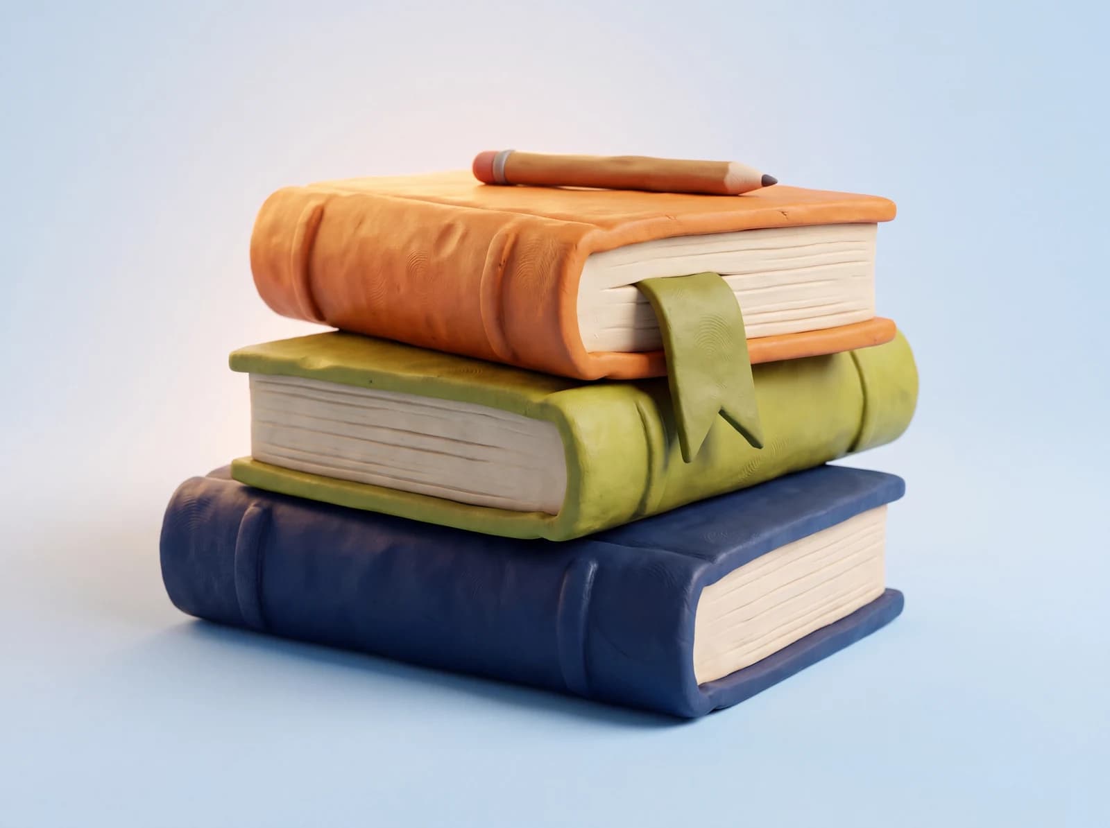 Una pila de libros de plastilina con un marcapáginas y un lápiz